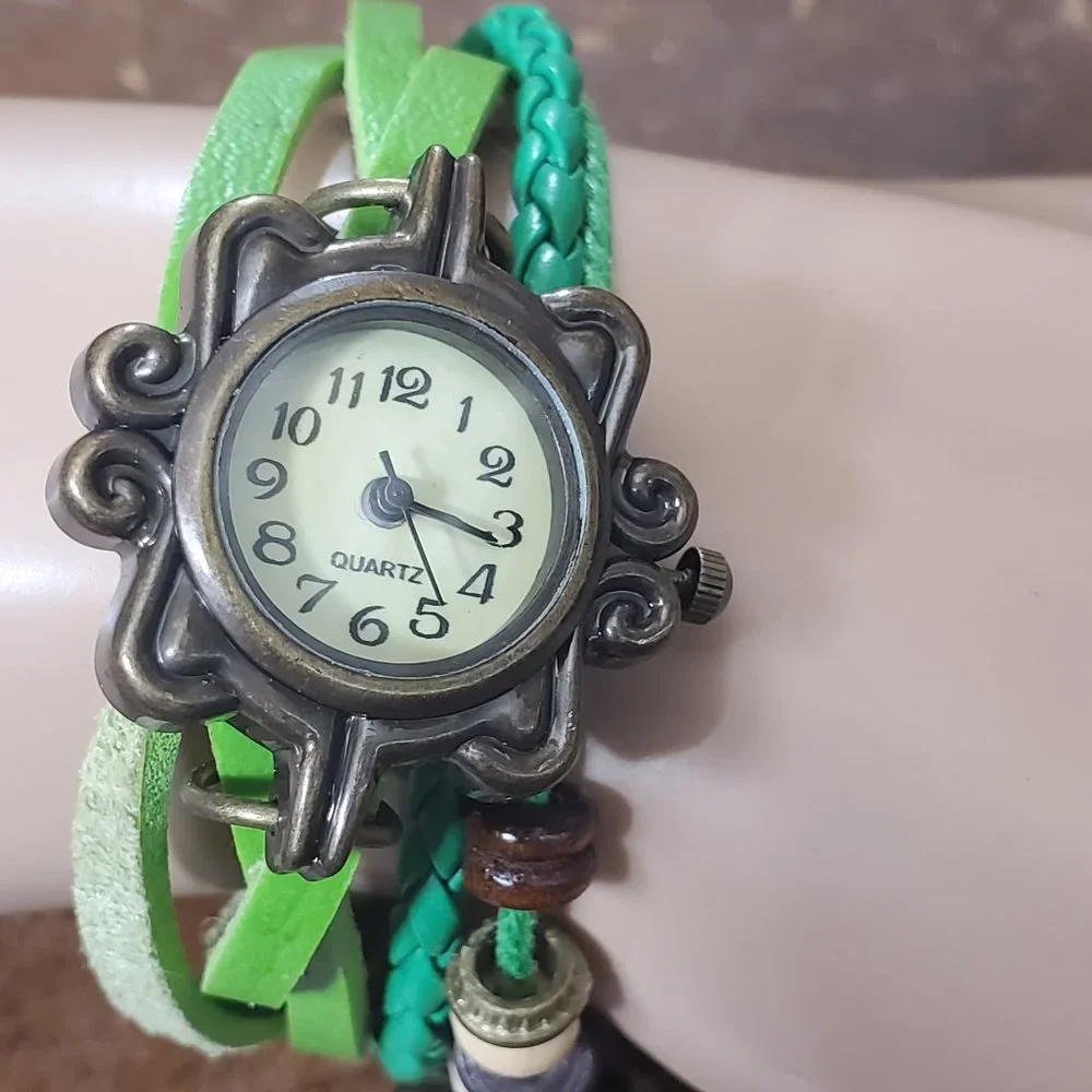 Beaded Bracelet Boho Watch - Butterfly Charm - Green - Picture 2 of 9